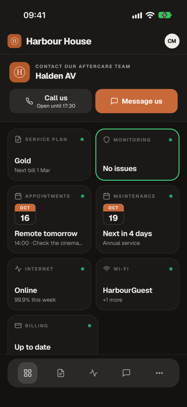 The Halden app’s home screen in its own dark theme and copper colour: the team with Call and Message buttons, the service plan and the building at a glance.