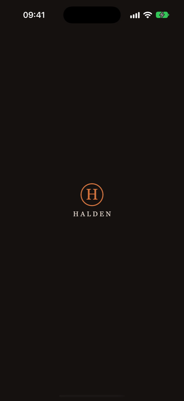 The Halden app opening: its H mark and name on a dark background.