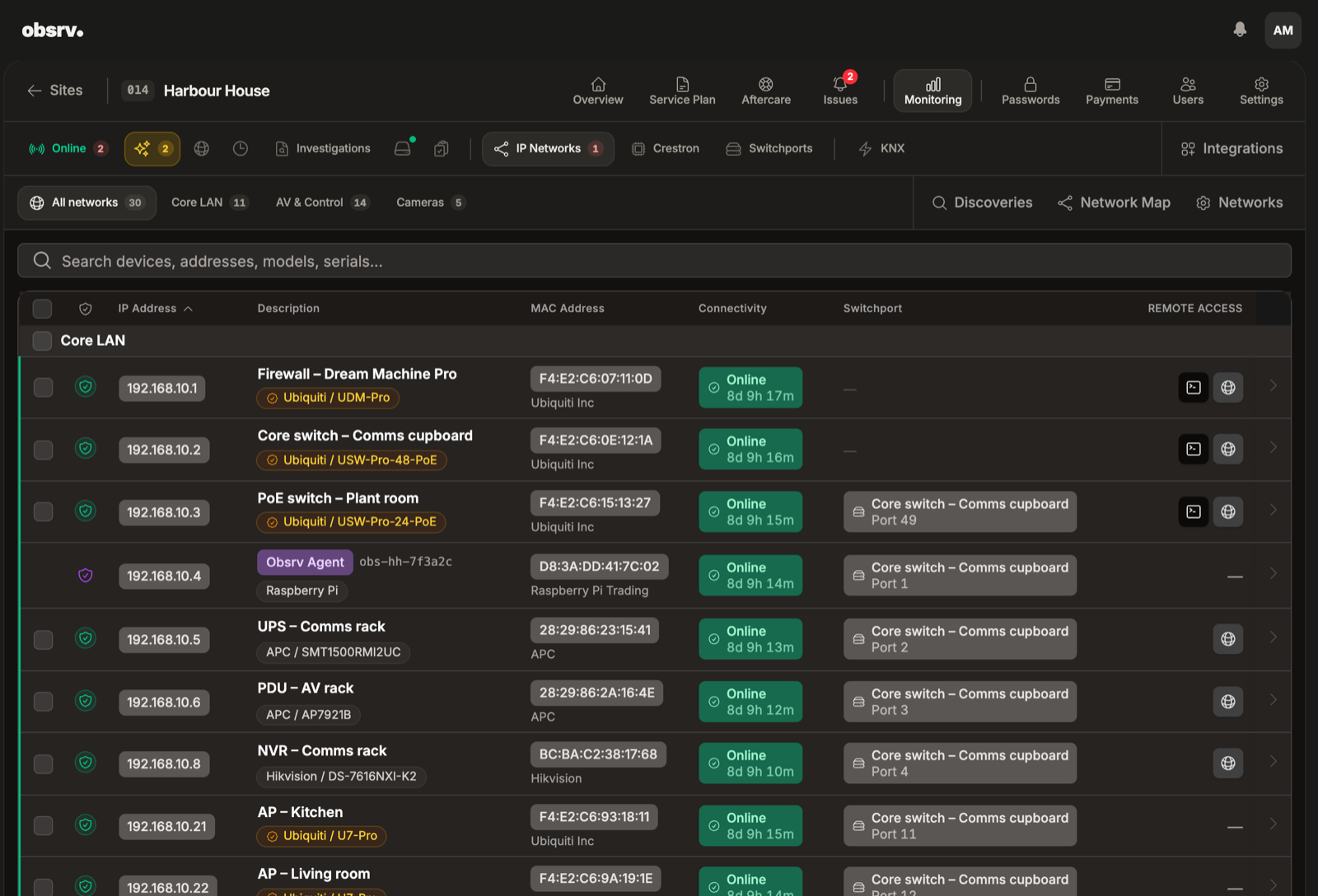 The IP Networks list for Harbour House in Obsrv, with terminal and web buttons beside the firewall, switches, UPS, PDU and NVR in the Remote access column.